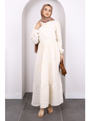 Bej Yaka Bağlamalı Eteği Katlı Muslin Elbise