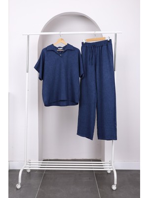 Lacivert Düşük Omuz Gömlek Pantolonlu Keten Takım