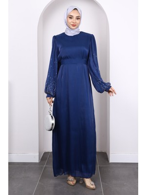 Lacivert Balon Kol Taşlı Abiye