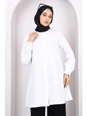 Ekru Düğmeli Fırfır Detaylı Tunik