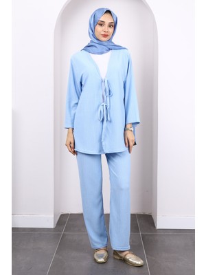 Mavi Ön Bağlamalı Bürümcük Kimono Pantolonlu Takım