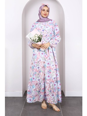 Mavi Yarım Düğmeli Eteği Katlı Çiçek Desenli Elbise