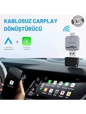Embatech Kablosuz Android Auto ve Carplay Adaptörü 2in1 Araç Içi Çözüm (EMT-004)