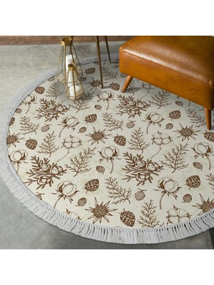 Dekoreko Kaymaz Dijital Mutfak & Salon Halı Saray Deri Saçaklı Yuvarlak Vintage AL5012 Bej
