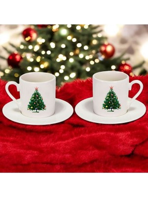  Ikili Porselen  Çam Ağacı Türk Kahvesi Fincanı, Yılbaşı Hediyesi Ikili Kahve Fincanı