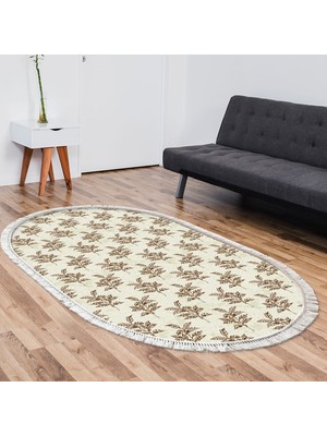 Alanur Home Kaymaz Dijital Mutfak & Salon Halı Trend Saçaklı Oval Vintage AL5011 Bej