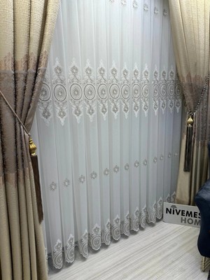 Nivemes Home Nivemeshome Osmanlı Motifli Beyaz 1/3 Sık Pileli Tül Perde Polyester Kumaş Özellikli