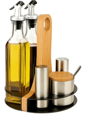Metal Ahşap Standlı Tezgah Üstü Baharatlık ve Yağdanlık Seti - 2'lü Cam Yağlık ve 3'lü Paslanmaz Baharatlık