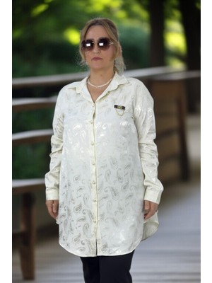 Yagmur Beren  Zincir Aksesuarlı İnci Önden Düğmeli Uzun Kol Battal Büyük Beden Jakarlı Saten Gömlek Tunik