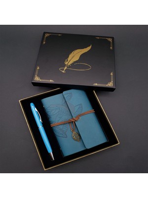 Siyah Kutulu Yaprak Desenli Mavi Deri Defter ve Kalem Seti