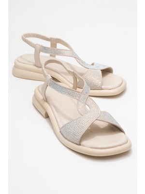 Aurora Ekru Hakiki Deri Taşlı Kadın Sandalet