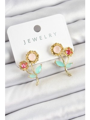 Pirinç Renkli Zirkon Taşlı Papatya Model Gold Renk Kadın Küpe - Lisinya