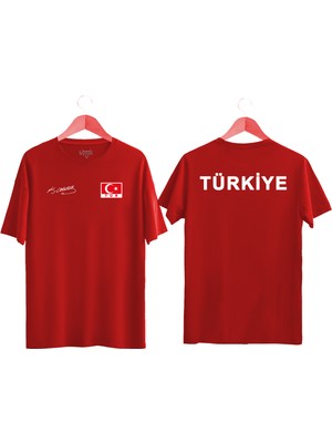 Unisex Türkiye Yazılı Atatürk Imzalı Türk Bayrağı Baskılı Tişört Ayyıldızlı T-Shirt (Normal Kalıp)