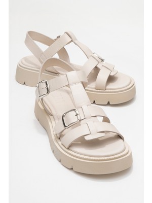 Melvın Ekru Hakiki Deri Kadın Sandalet
