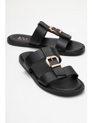 Sveta Siyah Cilt Tokalı Hakiki Deri Kadın Terlik