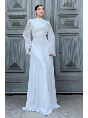 Göğüs Büzgü Detaylı Arkadan Bağlamalı Abiye Elbise 2287-BEYAZ