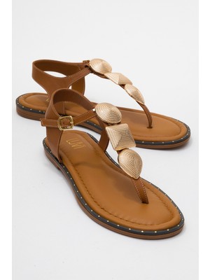 Helen Taba Hakiki Deri Parmak Arası Gold Tokalı Kadın Sandalet