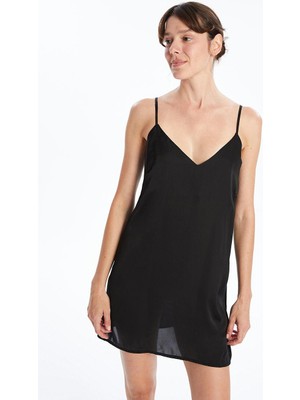 V Yaka Düz Askılı Saten Kadın Fantezi Gecelik  (W4)