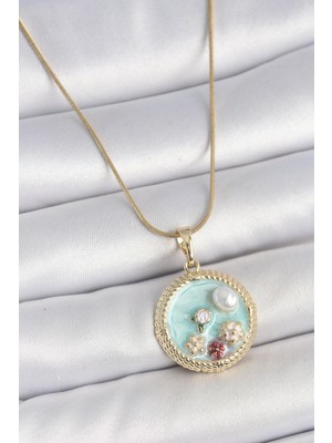 316L Çelik Gold Renk Zincir Mavi Mineli Inci Çiçek Işlemeli Zirkon Taş Detaylı Madalyon Model Kadın Kolye - Lisinya
