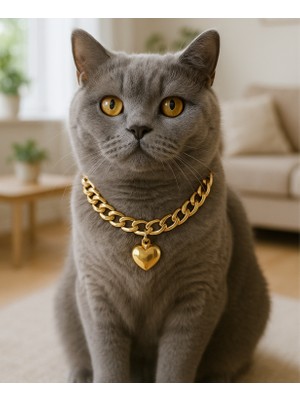 Gold Zincir Kedi Kolyesi Kalp Detaylı Hafifi Kedi Kolyesi