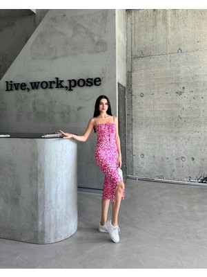 Kaşkorse Desenli Askılı Elbise