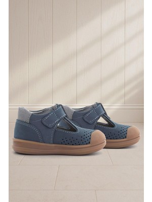 Rakerplus Shaun Hakiki Deri Lacivert Gri Cırtlı Anatomik Bebek Sandalet