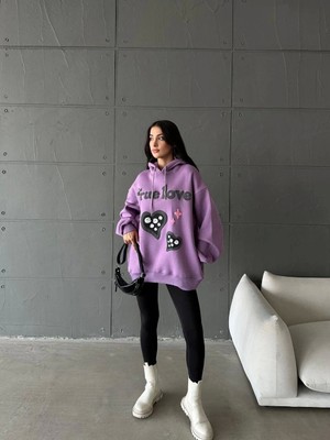 3 Iplik Şardonlu Oversize Compact True Baskılı Sweat Mor