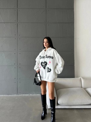 3 Iplik Şardonlu Oversize Compact True Baskılı Sweat Beyaz