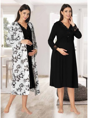 Dvina Effortt Lohusa Sabahlıklı Gecelik Takımı Siyah - 8095