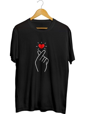 Karikatür Store Finger Heart Sevgililer Günü Baskılı Tişört