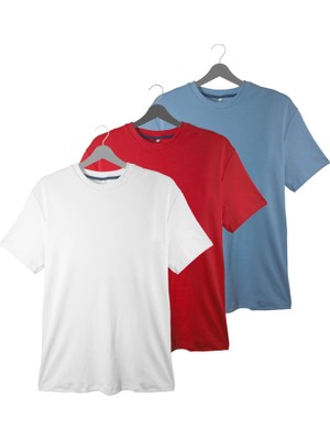 Erkek 3'lü Basic Tişört Seti - Pamuklu Bisiklet Yaka | Beyaz, Kırmızı ve Açık Mavi Kombinasyonu | Günlük ve Spor Giyim | %100 Pamuk T-shirt Seti