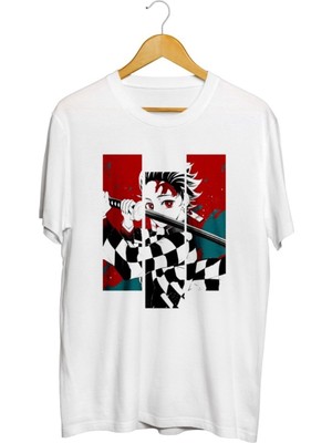 Karikatür Store Vintage Demon Slayer Dark Fantasy Anime Character Tanjiro Kamado Baskılı Unisex Tişört