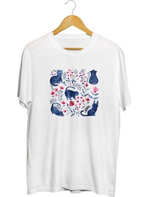 Karikatür Store Çiçekli Kediler Baskılı Unisex Tişört