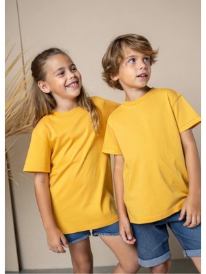 Karikatür Store Basic Bisiklet Yaka Sarı Kız / Erkek Çocuk Tişört