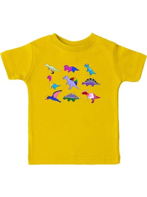 Karikatür Store Dinozorlar Baskılı Sarı Unisex Çocuk Tişört