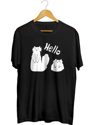 Karikatür Store Kedi Hello Baskılı Unisex Tişört