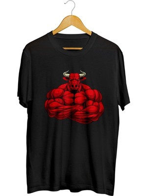 Karikatür Store Muscular Red Bull Baskılı Unisex Tişört