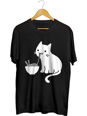 Karikatür Store Ramen Yiyen Kedi Baskılı Unisex Tişört