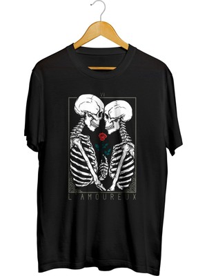 Karikatür Store Iskelet Çift Sevgililer Günü Baskılı Tişört
