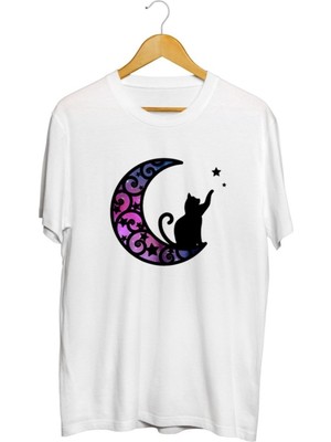 Karikatür Store Kedi Ay Baskılı Unisex Tişört