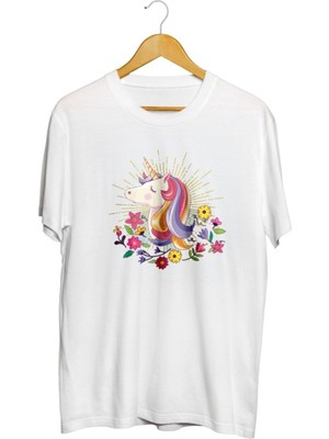 Karikatür Store Çiçekli Unicorn Baskılı Unisex Tişört