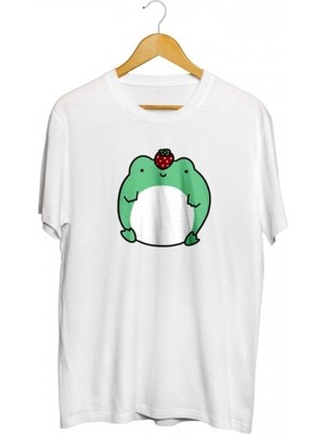 Karikatür Store Çilekli Kurbağa Baskılı Unisex Tişört