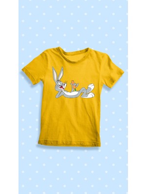 Karikatür Store Looney Tunes Havuçlu Bugs Bunny Baskılı Sarı Unisex Çocuk Tişört