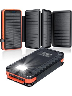 Acil Durum Solar Power Bank 26800MAH, 4 Güneş Paneli, Su Geçirmez, LED Fenerli Harici Pil