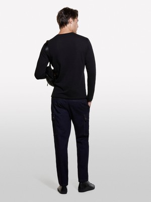 %100 Pamuk Dar Kesim Bisiklet Yaka Uzun Kollu T-Shirt Erkek Siyah T-Shirt - 324A3WF0S1013