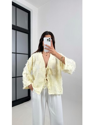 Püsküllü Önü Bağlamalı Keten Kimono Ceket