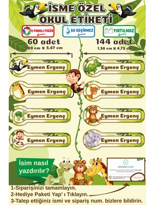 Ayza Tasarım Hayvan Temalı Kalem Defter Kitap Etiketi Isim Etiketi Kişiye Özel Çocuk Okul Etiketi Kırtasiye