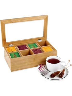 8 Bölmeli Bambu Saklama Kutusu, Çay, Kahve ve Bitki Çayı Için 30X20X7CM