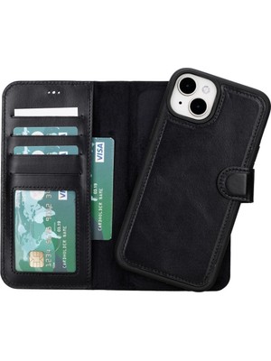 Mulvxurg  URG02 Apple Iphone 15 Plus Uyumlu Deri Cüzdanlı Kılıf Mwwn Rst1 Siyah (Mulvix)