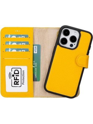 Mulvxurg  URG02 Apple Iphone 15 Pro Uyumlu Deri Cüzdanlı Kılıf Mwwn FL12 Sarı (Mulvix)